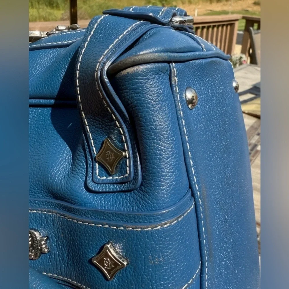 MCM Vintage Luxury Blue Leather Satchel Boston Bag with Silver Accents GUC